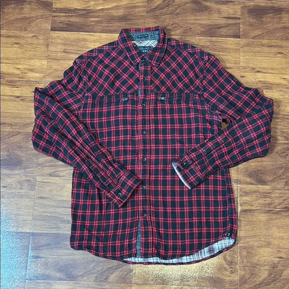 Men's Guess Red and Black Plaid Shirt